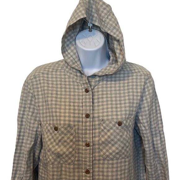 𝅺Treasure & Bond EUC Grey Cream Plaid Long Sleeve Button Down Hoodie Sz XS - Picture 3 of 7